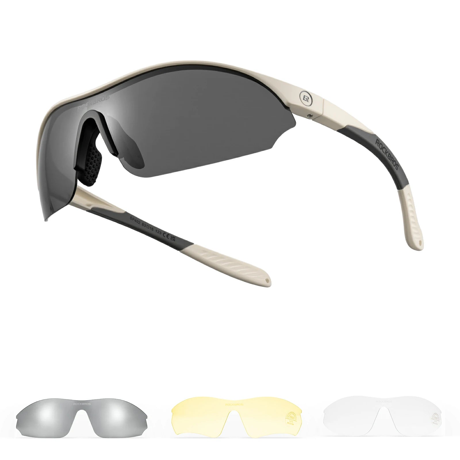 Sports Cycling Sunglasses with 3 Interchangeable#Color_Beige