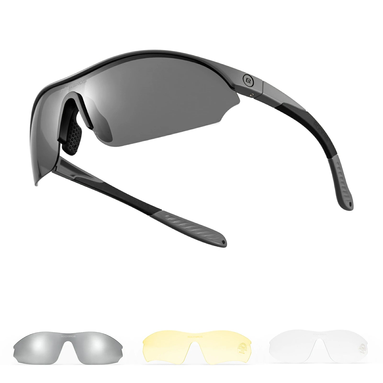 Sports Cycling Sunglasses with 3 Interchangeable#Color_Gray