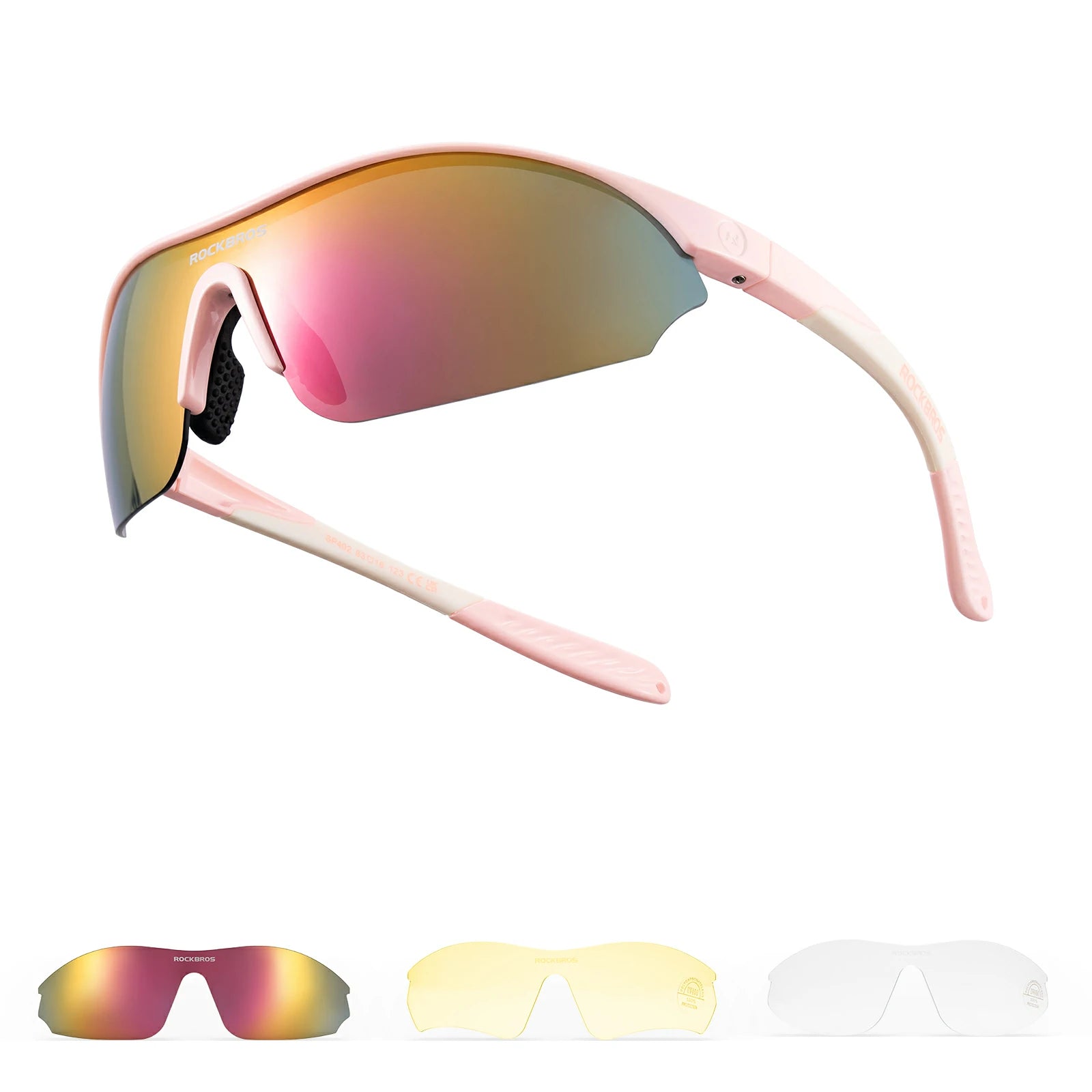 Sports Cycling Sunglasses with 3 Interchangeable#Color_Pink
