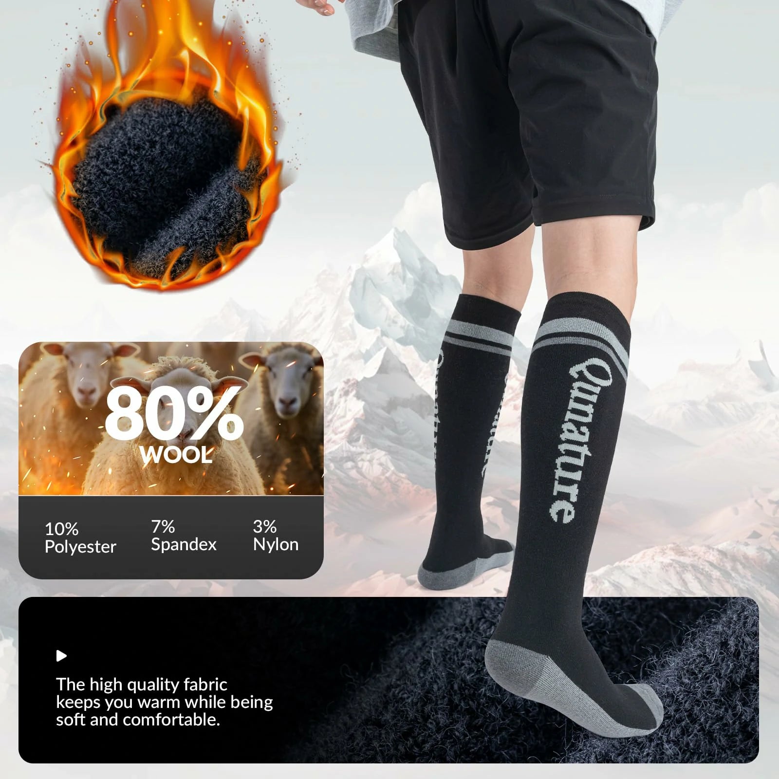 black thermal ski socks warm thick knee high winter snow socks#Color_Black