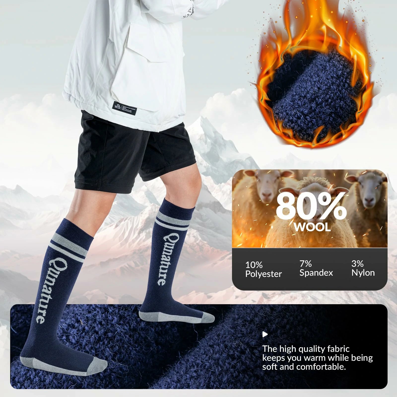 black blue thermal ski socks warm thick knee high winter snow socks#Color_Black Blue