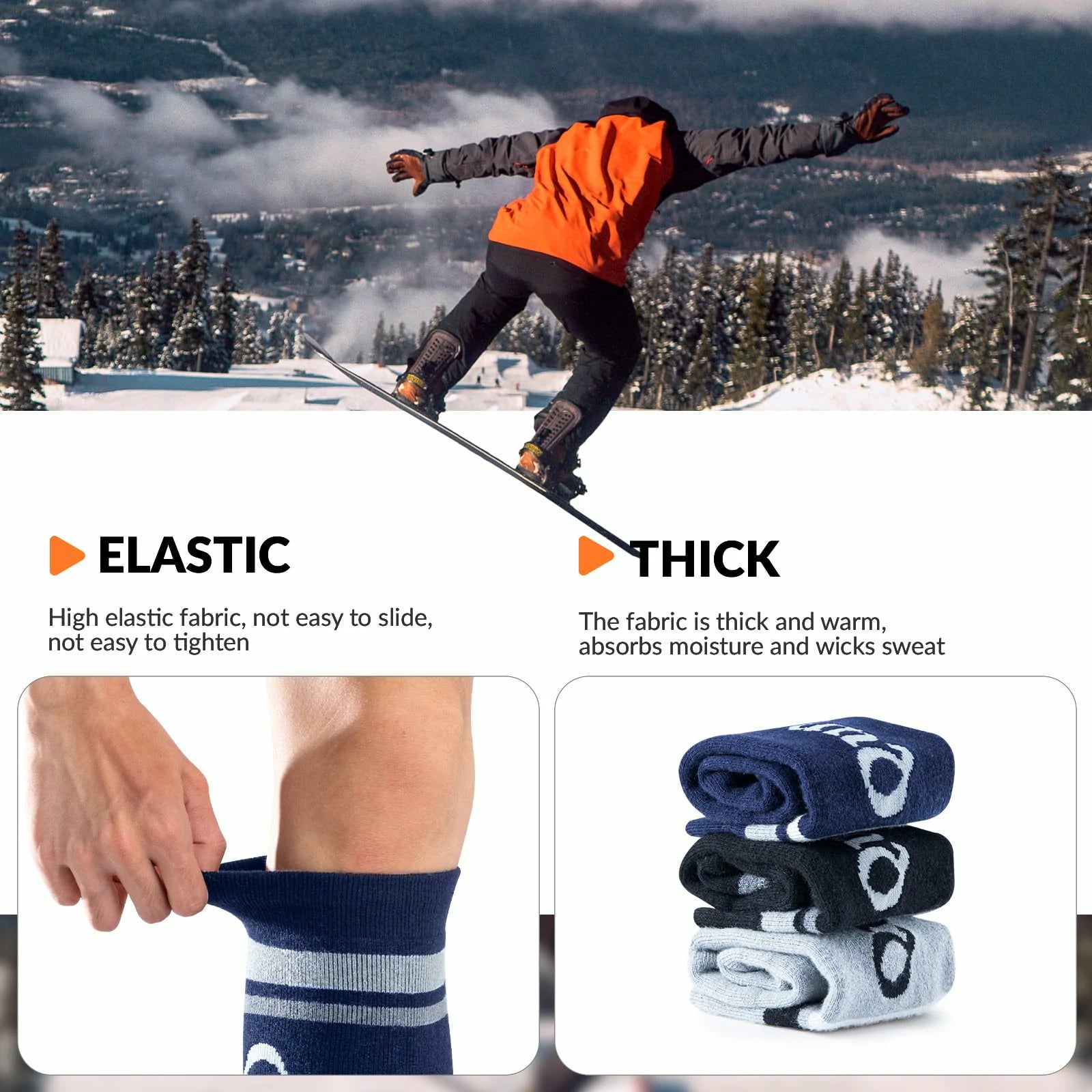 black blue thermal ski socks warm thick knee high winter snow socks#Color_Black Blue