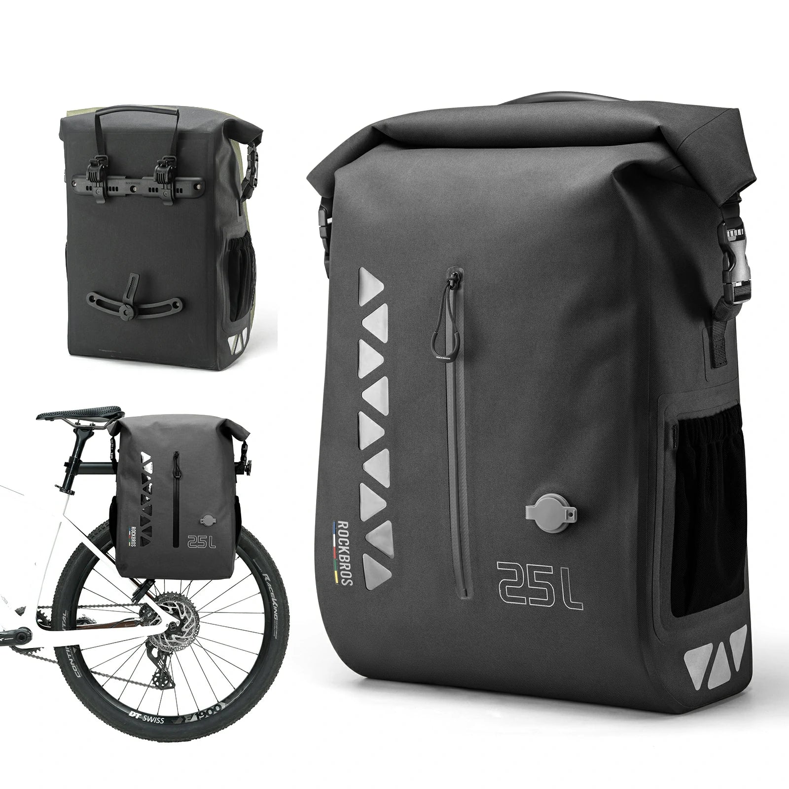 Waterproof 25L Bike Pannier Bag with Roll-Top & Smart Storage#Color_Black