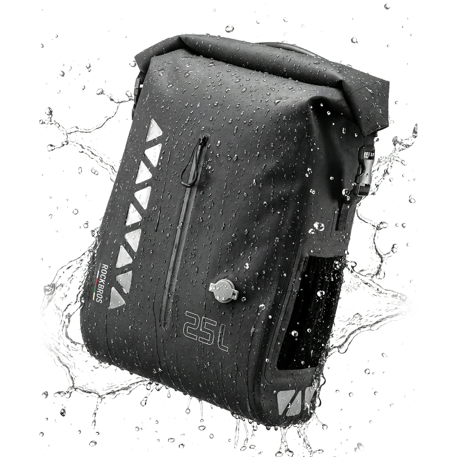 Waterproof 25L Bike Pannier Bag with Roll-Top & Smart Storage#Color_Black