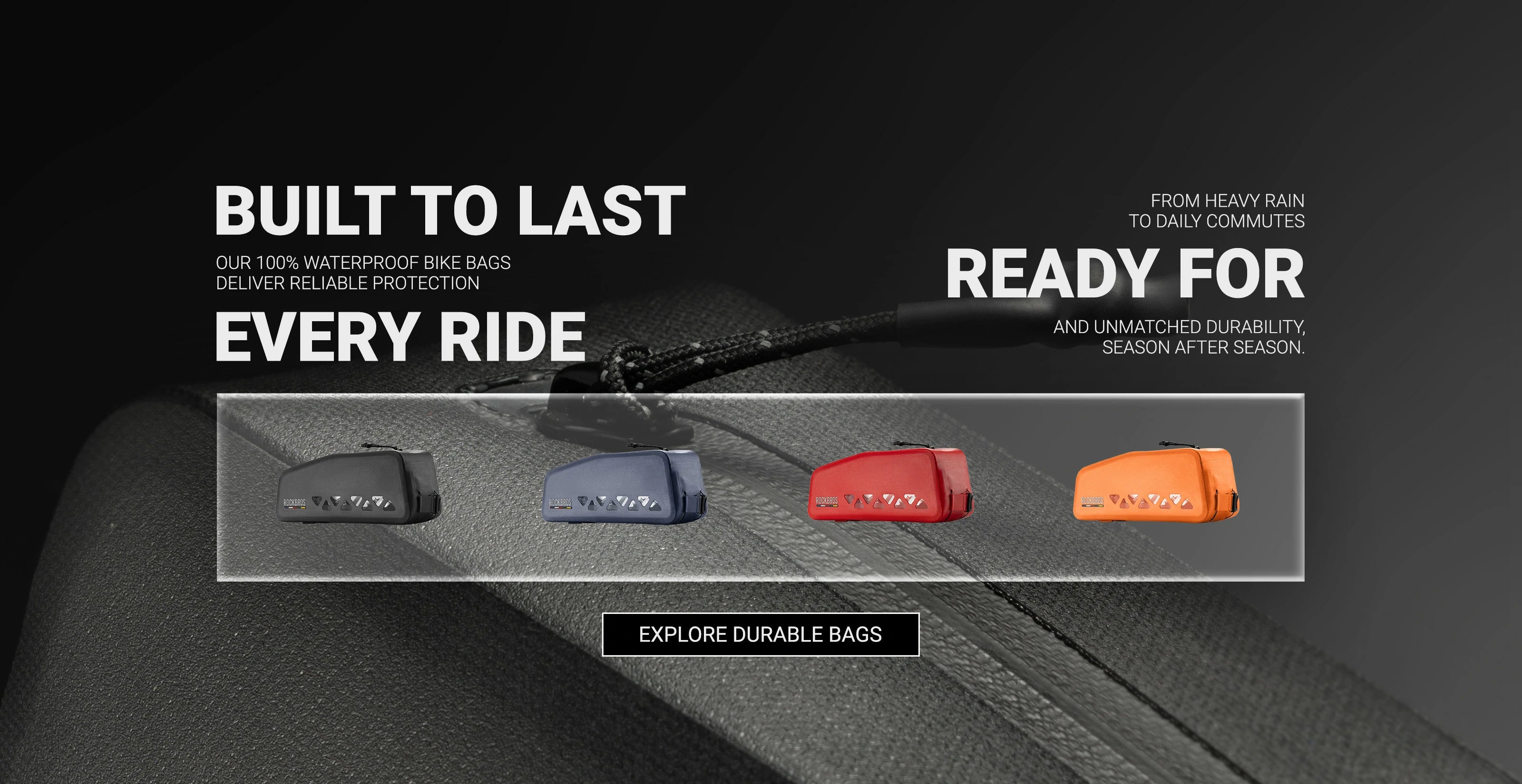 Waterproof bike bag close-up for desktop banner, durable and commuter-friendly