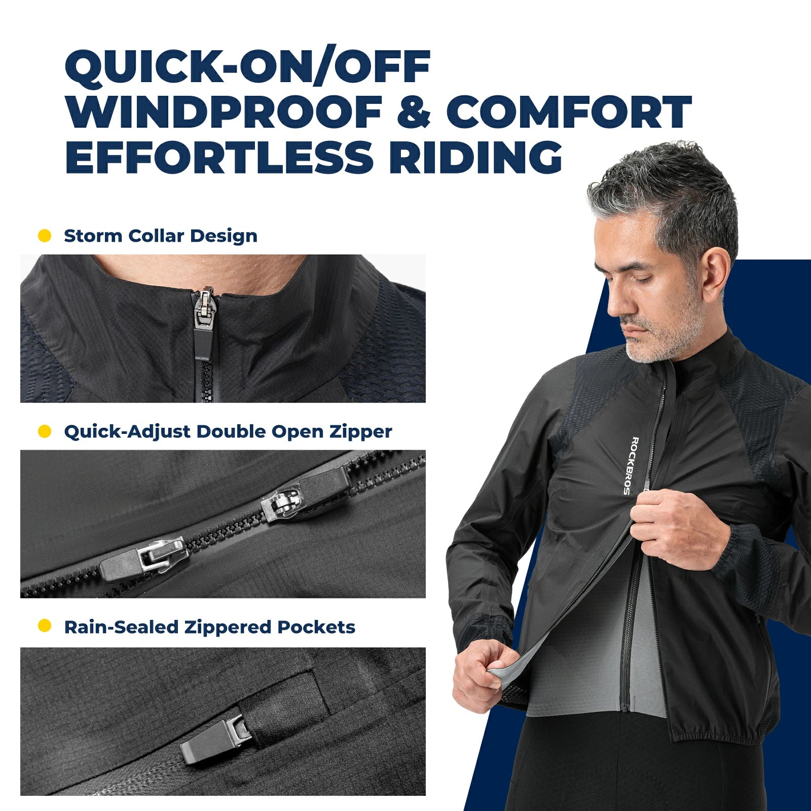 Waterproof breathable cycling jacket with dual zipper, reflective details and storm protection