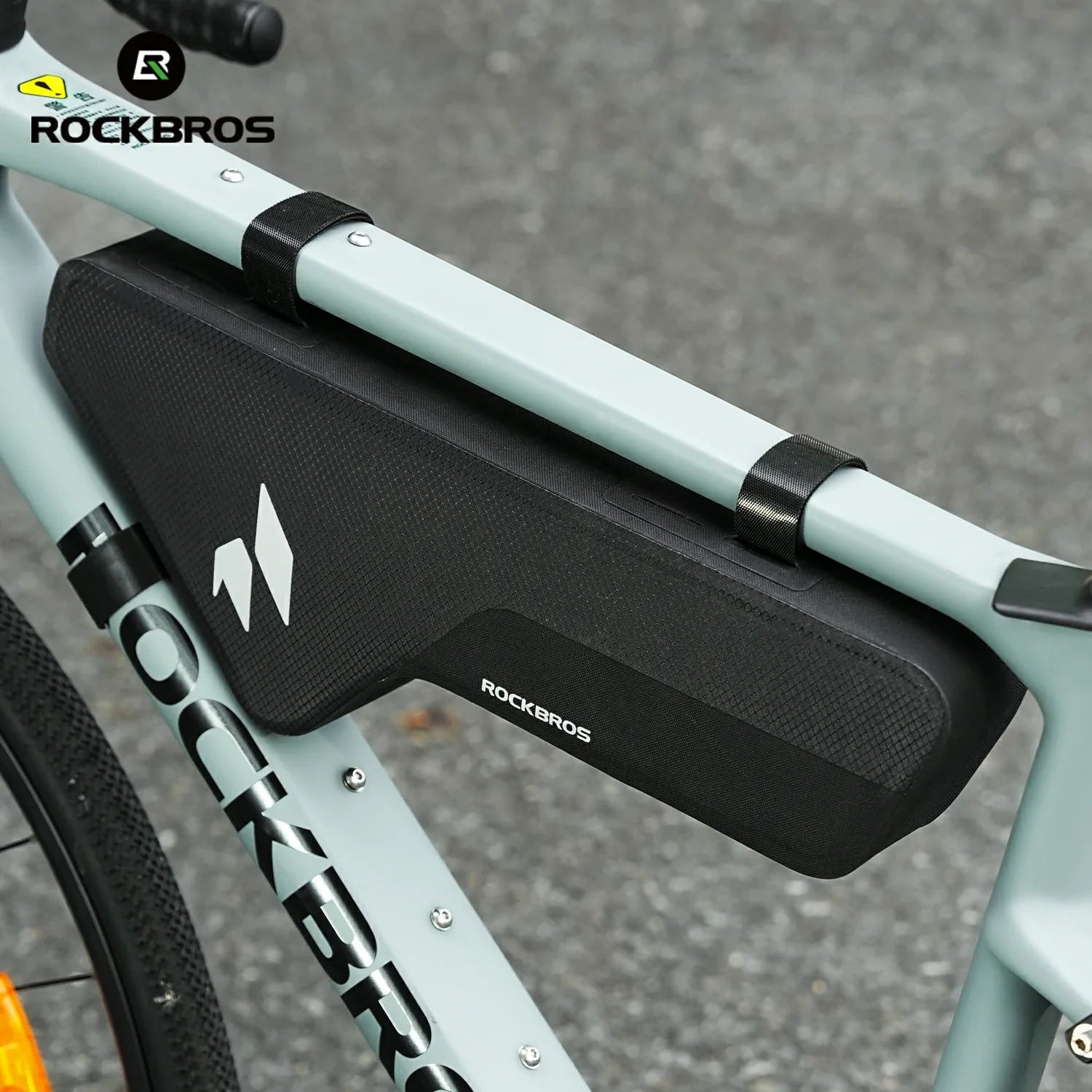 Bicycle handlebar with a black bag and 'RockBros' branding.