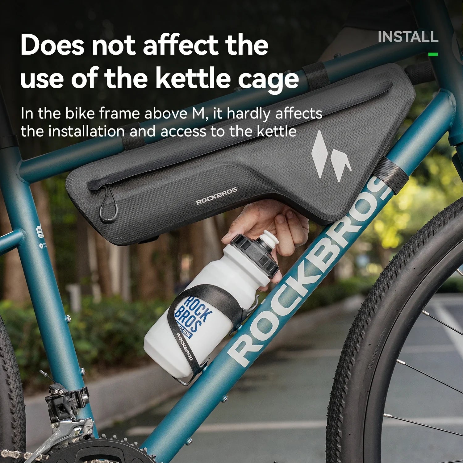 Bicycle with a water bottle holder and a hand holding a water bottle, with text about the product's features.