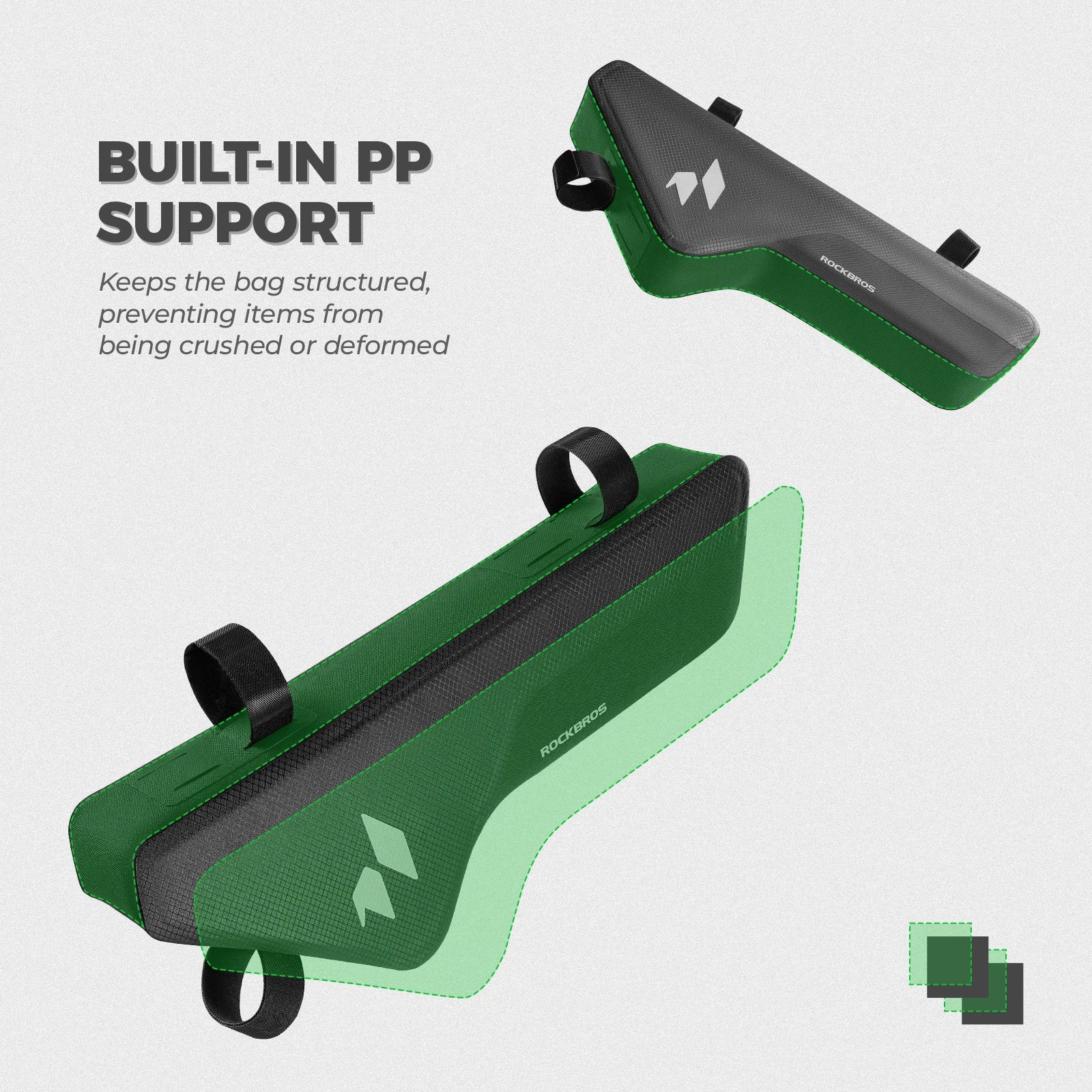 Black bike frame bag with brand logo on a white background