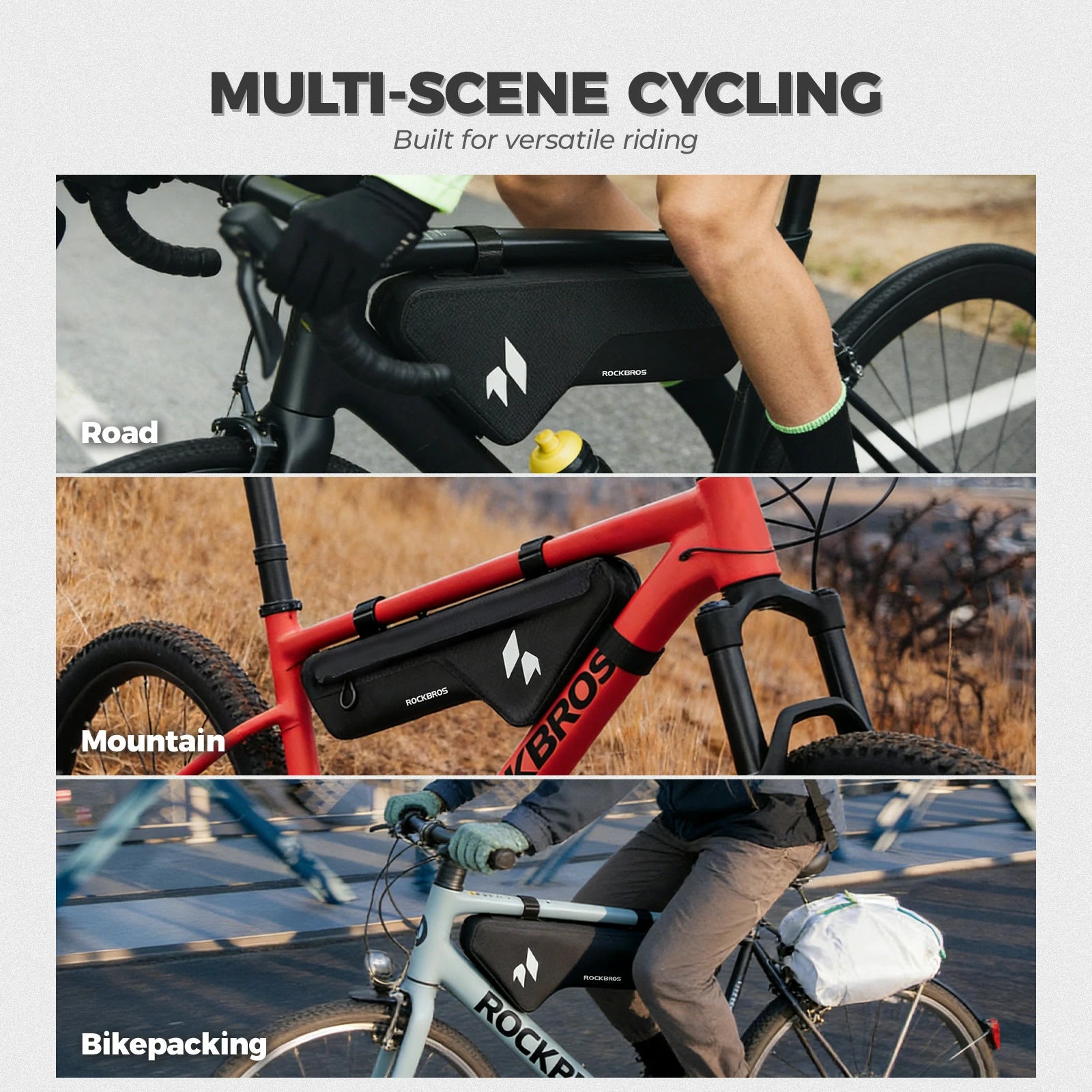 Black bike frame bag with brand logo on a white background