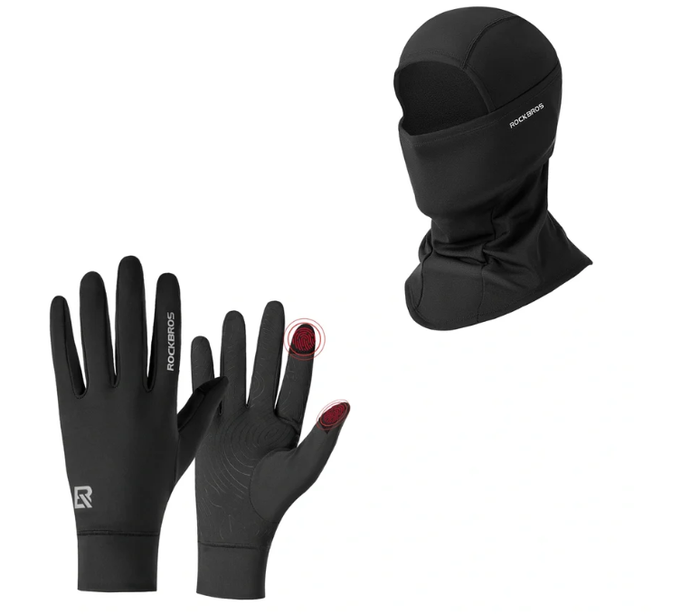 Winter cycling set with Black balaclava and Black touchscreen gloves#Color_Black#GloveColor_Black