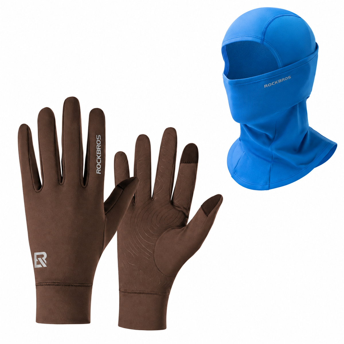 Winter cycling set with Blue balaclava and Brown touchscreen gloves#Color_Blue#GloveColor_Brown