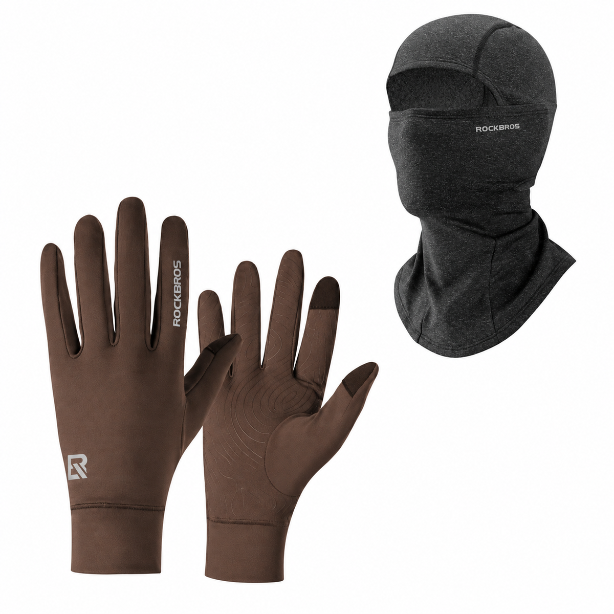 Winter cycling set with Cement Gray balaclava and Brown touchscreen gloves#Color_Cement Gray#GloveColor_Brown