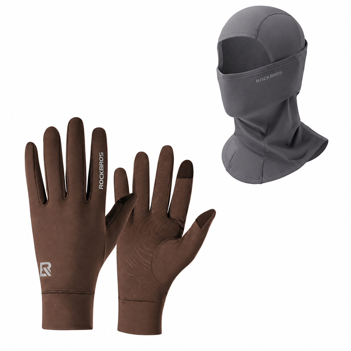 Winter cycling set with Dark Gray balaclava and Brown touchscreen gloves#Color_Dark Gray#GloveColor_Brown