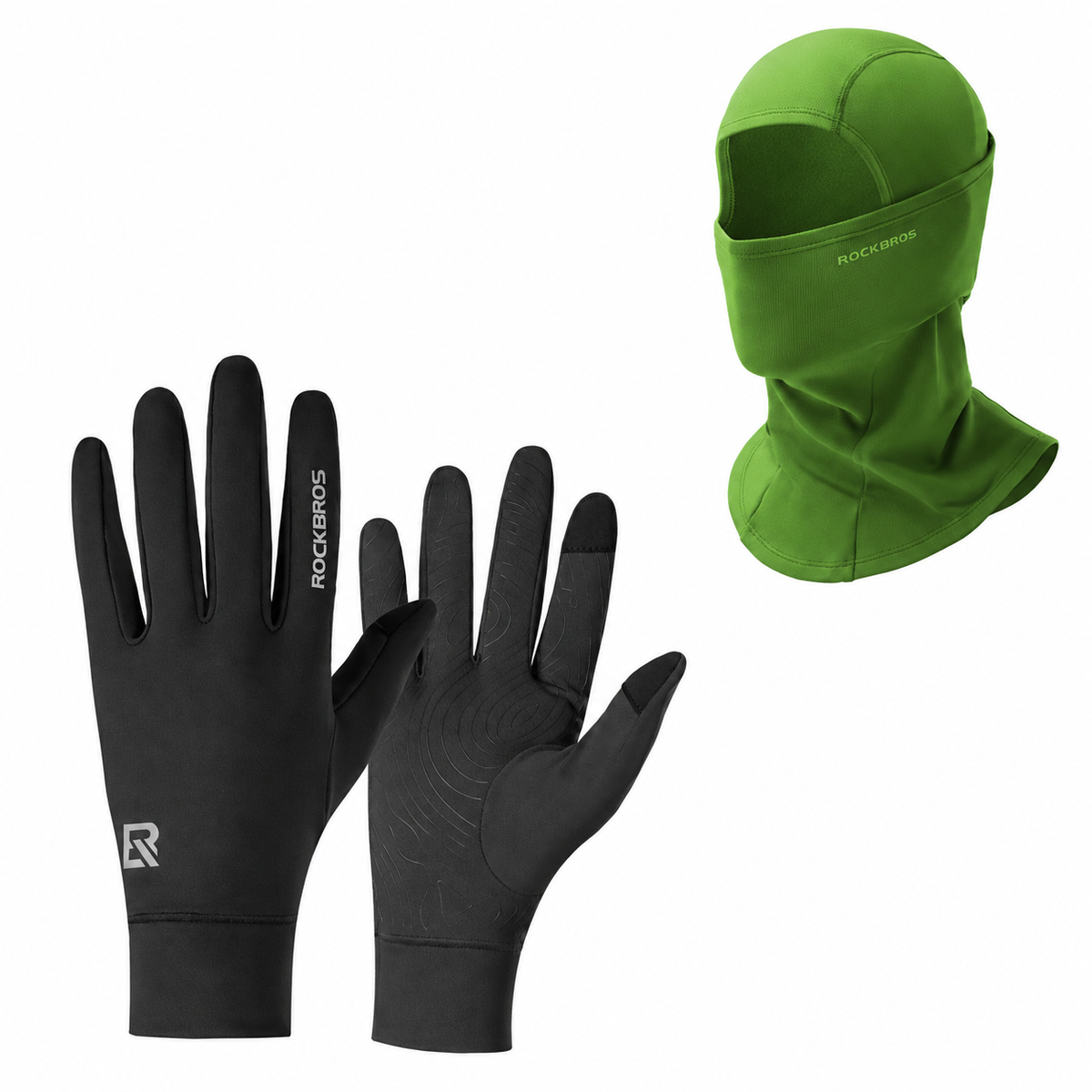 Winter cycling set with Dark Green balaclava and Black touchscreen gloves#Color_Dark Green#GloveColor_Black
