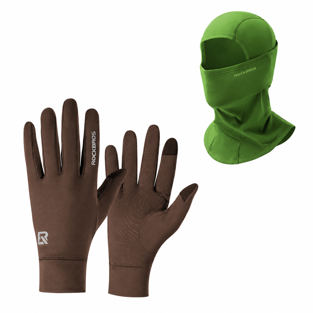 Winter cycling set with Dark Green balaclava and Brown touchscreen gloves#Color_Dark Green#GloveColor_Brown