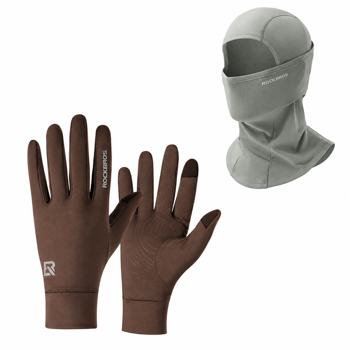 Winter cycling set with Gray balaclava and Brown touchscreen gloves#Color_Gray#GloveColor_Brown