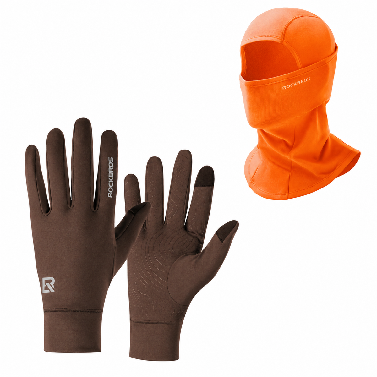 Winter cycling set with Orange balaclava and Brown touchscreen gloves#Color_Orange#GloveColor_Brown