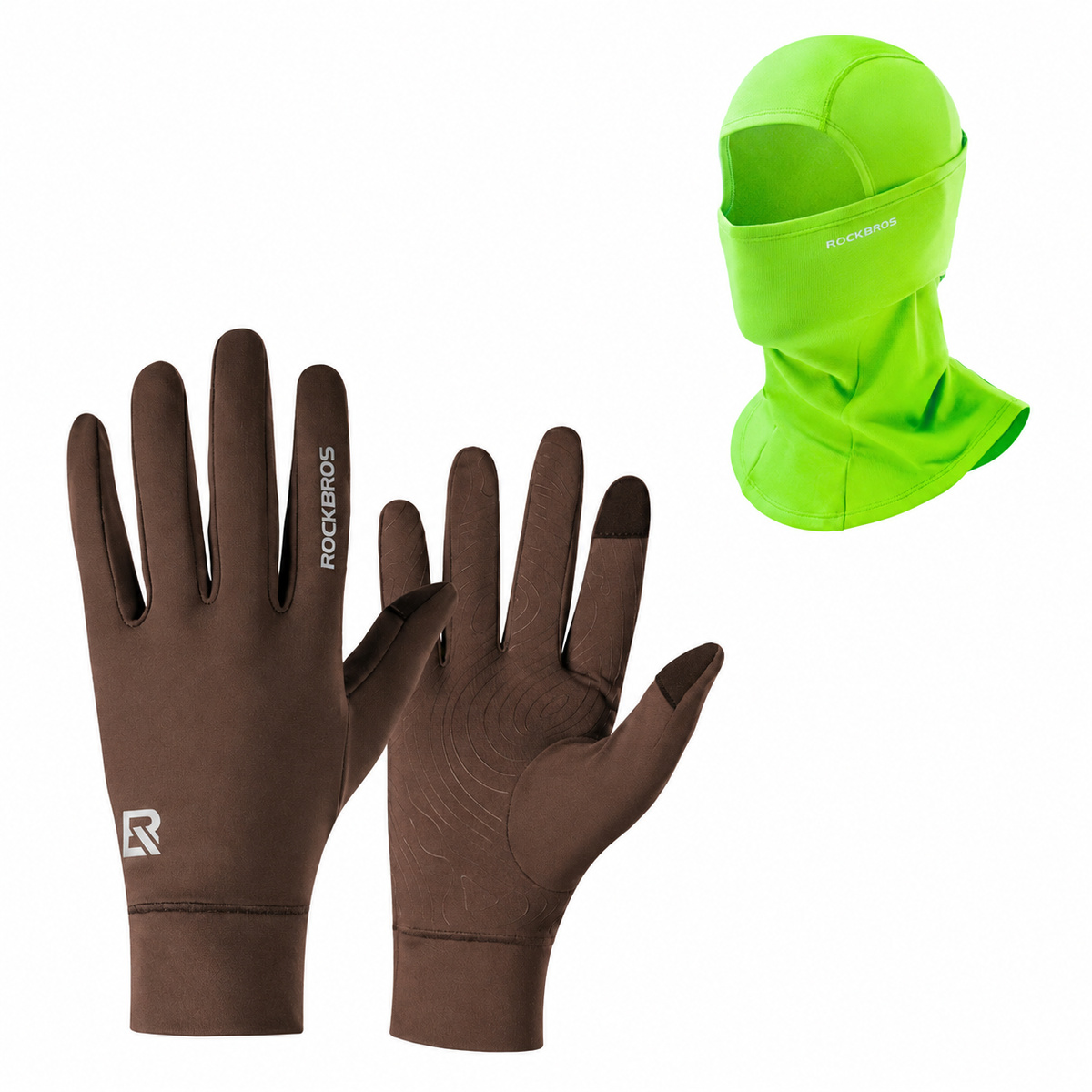 Winter cycling set with Vivid Lime Green balaclava and Brown touchscreen gloves#Color_Vivid Lime Green#GloveColor_Brown