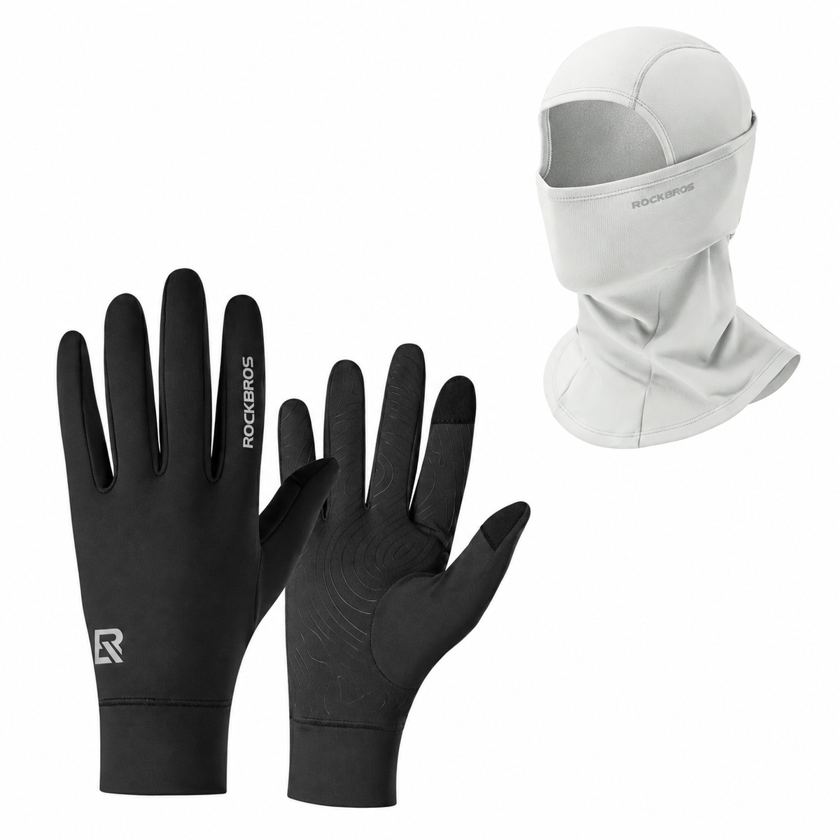 Winter cycling set with White balaclava and Black touchscreen gloves#Color_White#GloveColor_Black